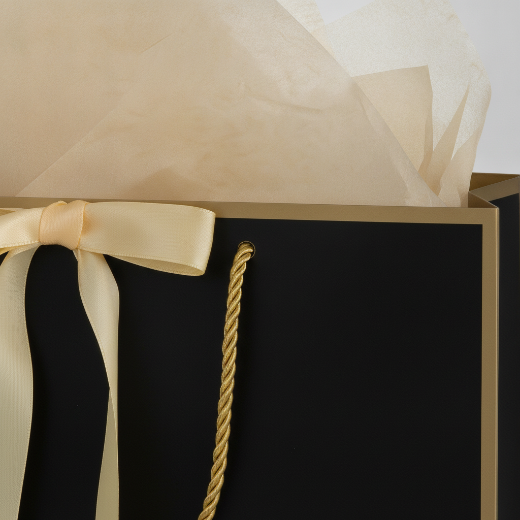 Macro detail of the gold rope handle and gold trim on a black gift bag