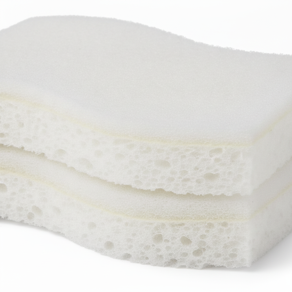 Macro close-up of the textured white scrub layer and soft cellulose sponge body