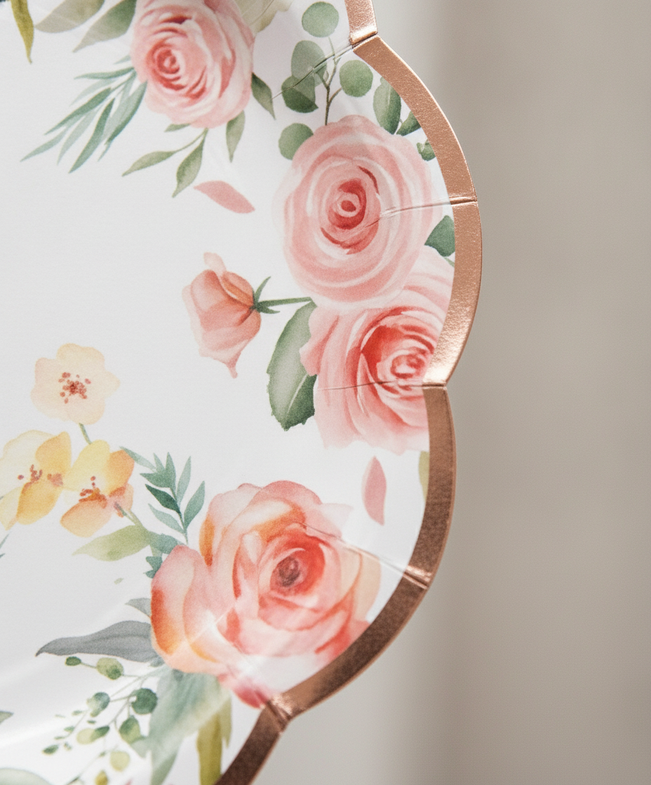 Macro close-up of watercolor rose disposable paper plate scalloped rose-gold rim on matte paper