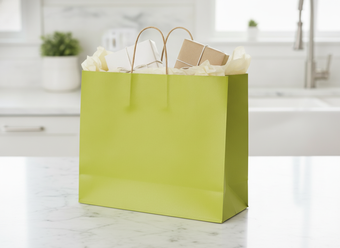 Avocado green kraft gift bag filled with wrapped gifts on a marble counter