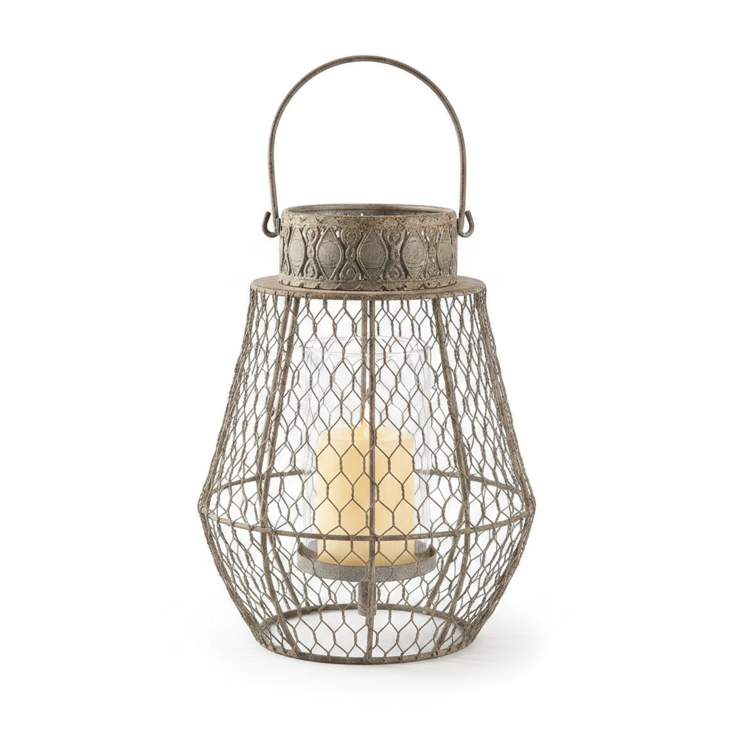 Intreccio woven wire candle lantern with antique iron patina and arched handle, holding a glowing pillar candle