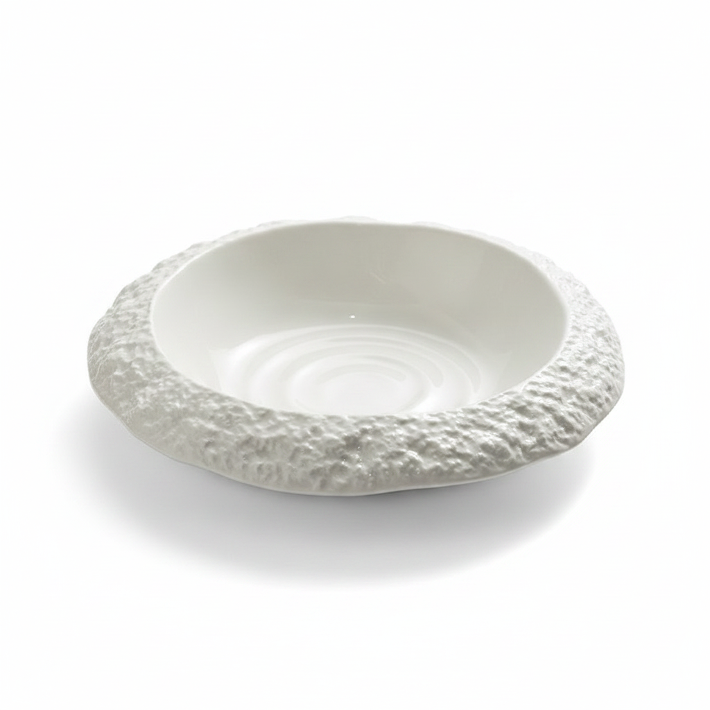 Cratone white stone-textured ceramic deep dish with thick rocky rim, studio white background