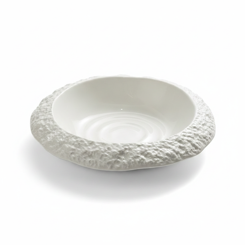 Cratone white stone-textured ceramic deep dish with thick rocky rim, studio white background