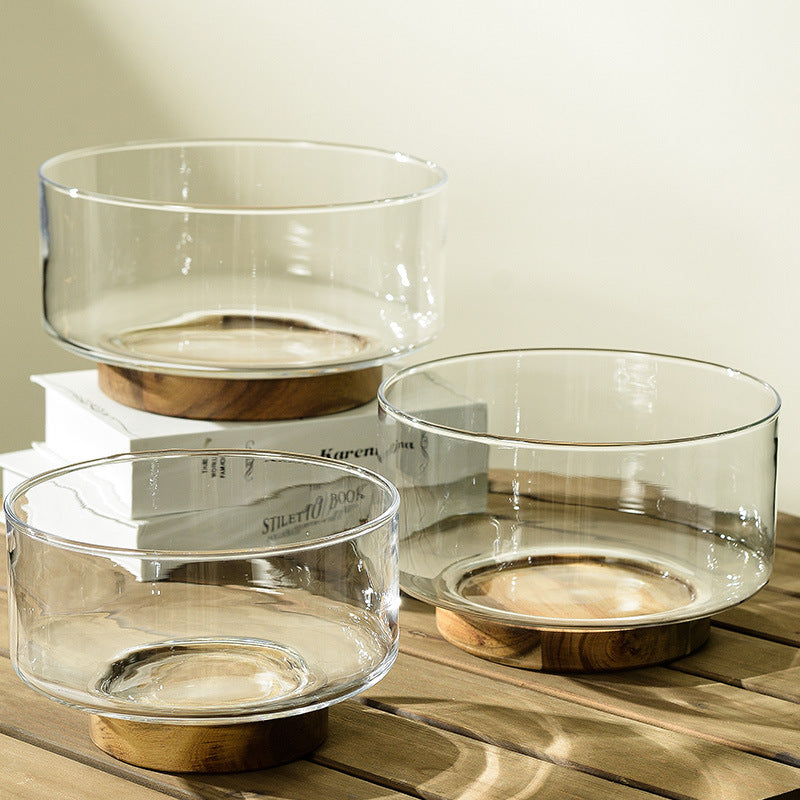 Glass Serving Bowl with Acacia Wood Base