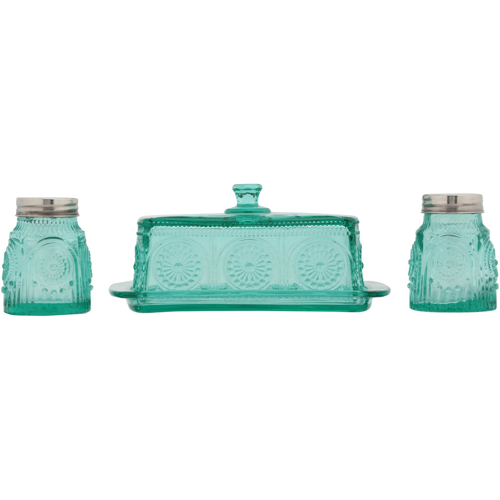 Adeline Embossed Glass Butter Dish and Shaker Set