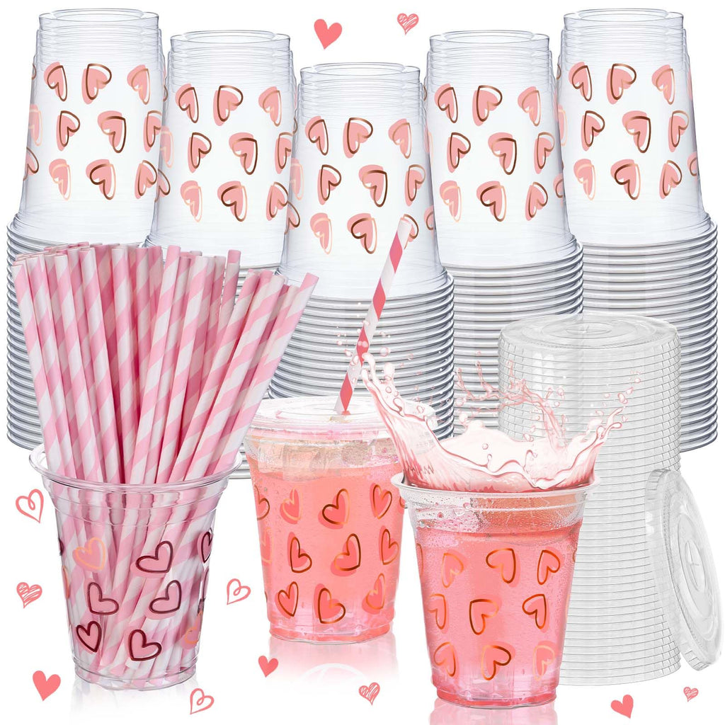 Heart Print Party Cups with Lids & Straws, 12 oz — view 1