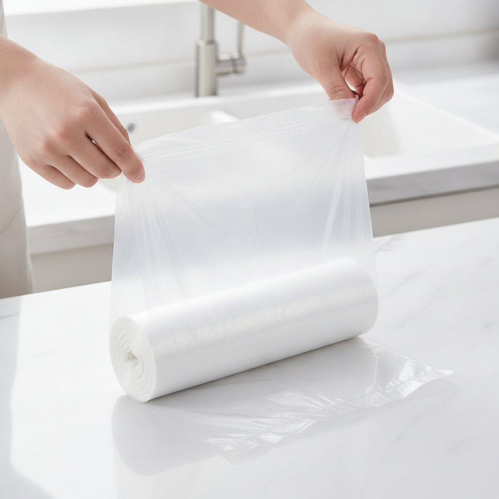 Hands tearing a clear trash bag off the perforated roll — Maison's Kitchen