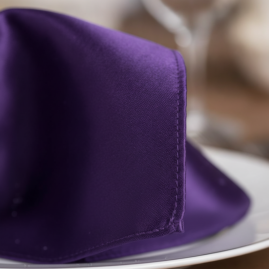 Close-up of silky purple satin napkin fabric and stitched hem