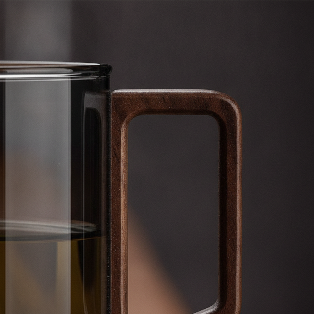 Close-up of the walnut wooden handle meeting the tinted glass body of the mug