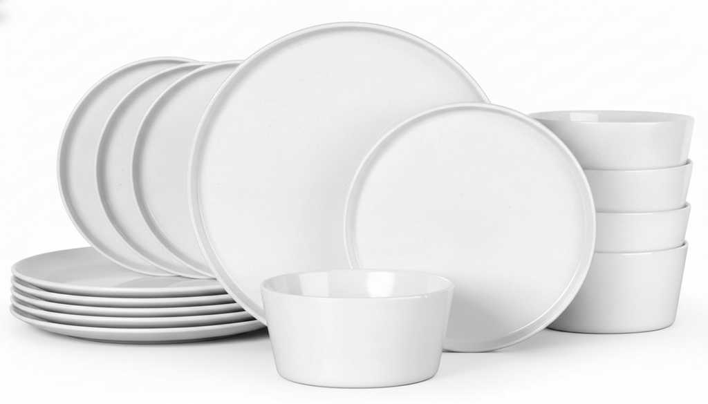 Perla pearl-white speckled stoneware dinnerware set, 18 pieces, coupe plates and trapezoid bowls on white