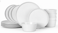 Perla pearl-white speckled stoneware dinnerware set, 18 pieces, coupe plates and trapezoid bowls on white