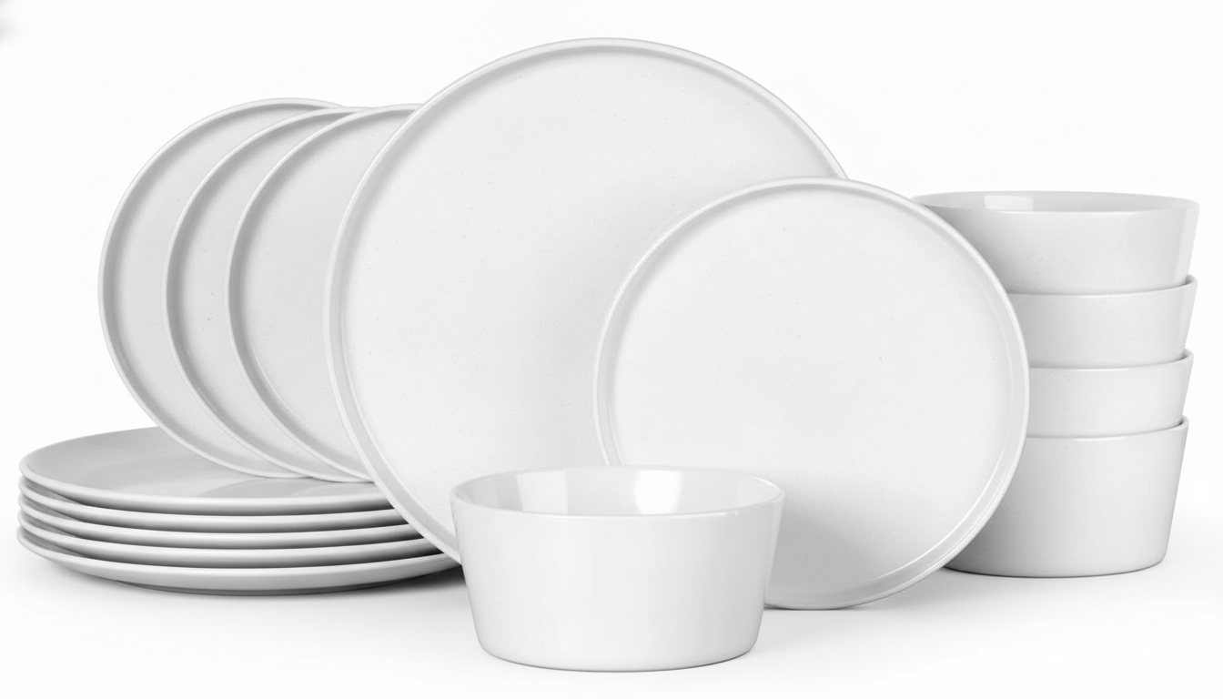 Perla pearl-white speckled stoneware dinnerware set, 18 pieces, coupe plates and trapezoid bowls on white