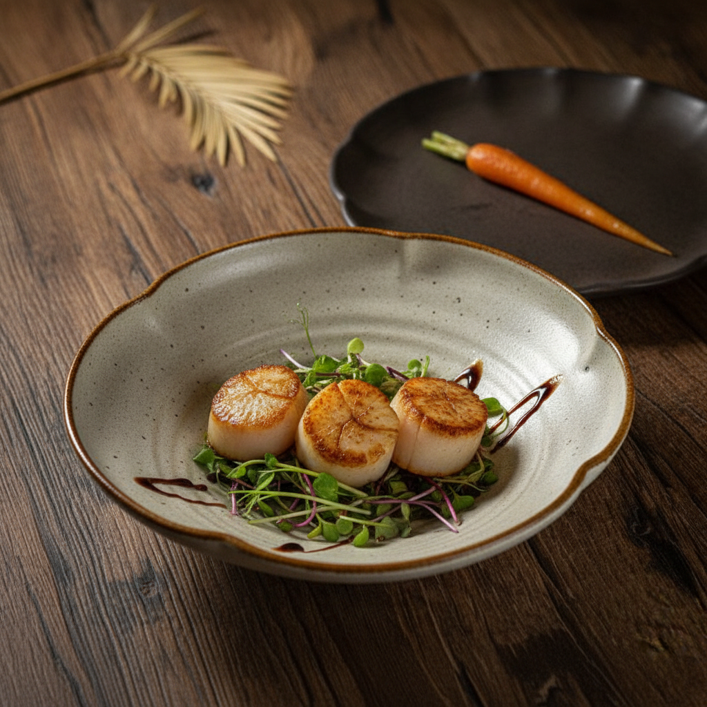 Petal-rim stoneware bowl plated with seared scallops in a fine-dining setting