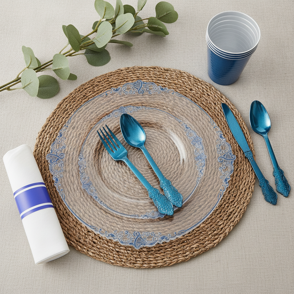 Overhead flat-lay of clear-blue baroque plates with blue cup cutlery and napkins