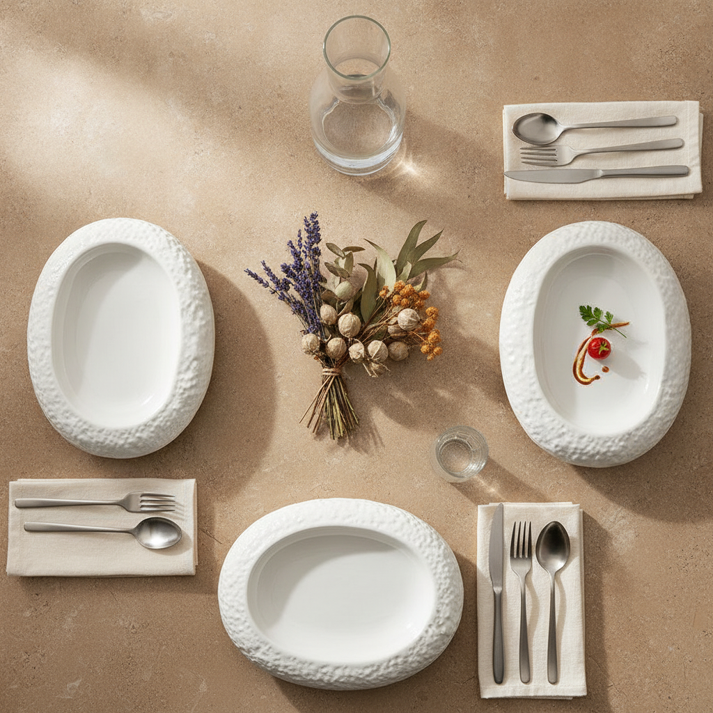 Styled European tablescape with Scoglio rock-rimmed porcelain plates