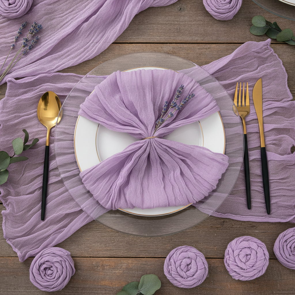 Lilac cheesecloth napkin gathered on a plate in a boho place setting