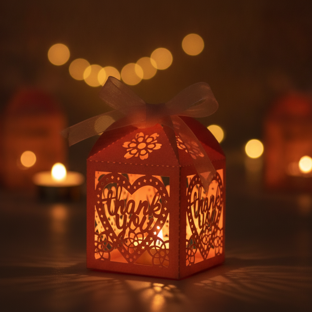 Pink laser-cut heart favor box glowing with a tea light inside, showing the intricate cut pattern