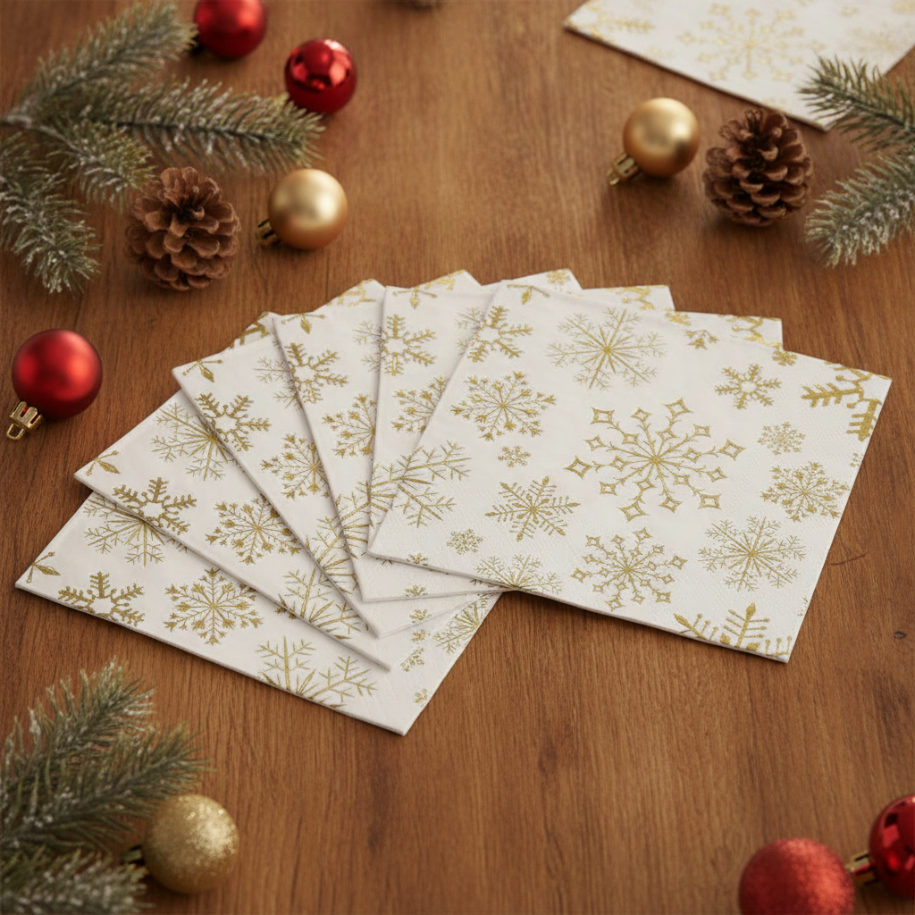 Stack of gold snowflake Christmas cocktail napkins fanned out on a festive wood table with pine sprigs, pinecones and ornaments