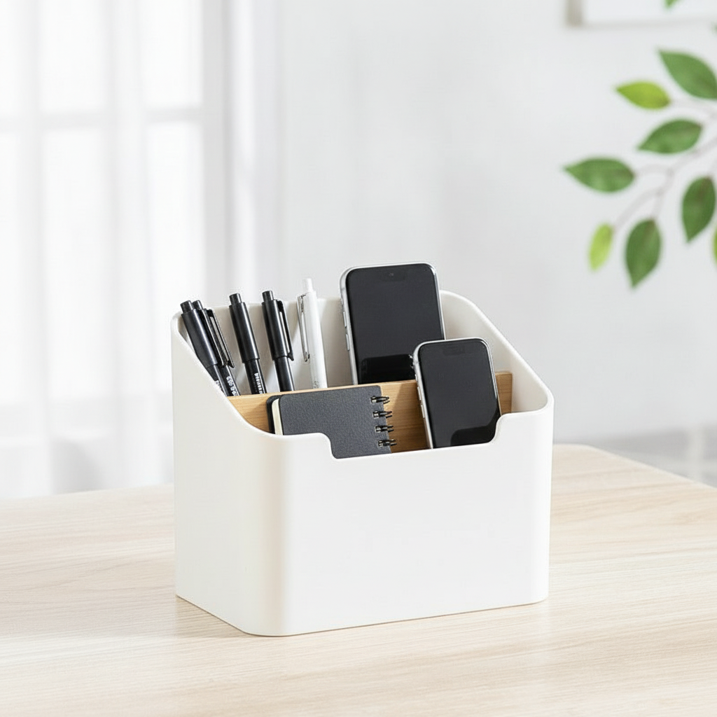 Desk organizer holding pens notebook and phone on a tidy wooden desk