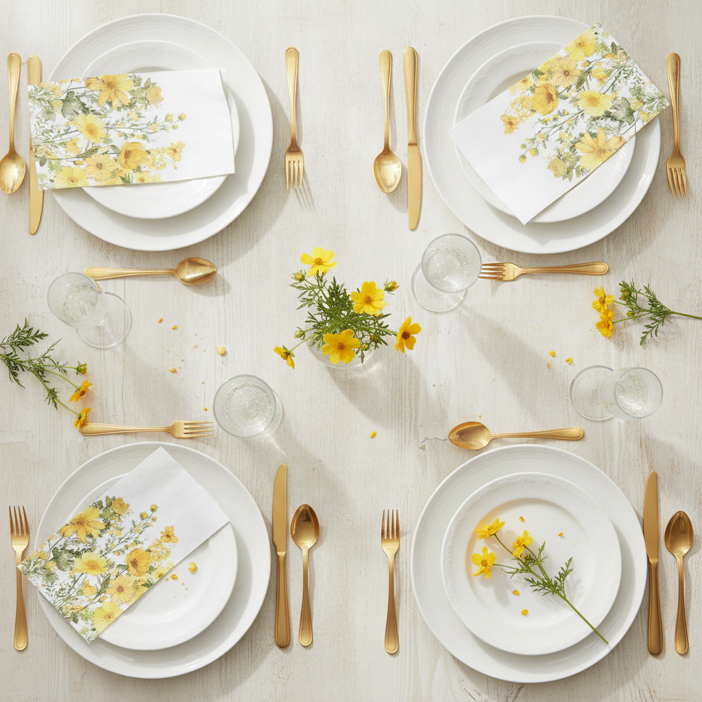 Spring brunch tablescape flat-lay set with yellow calliopsis floral paper guest napkins