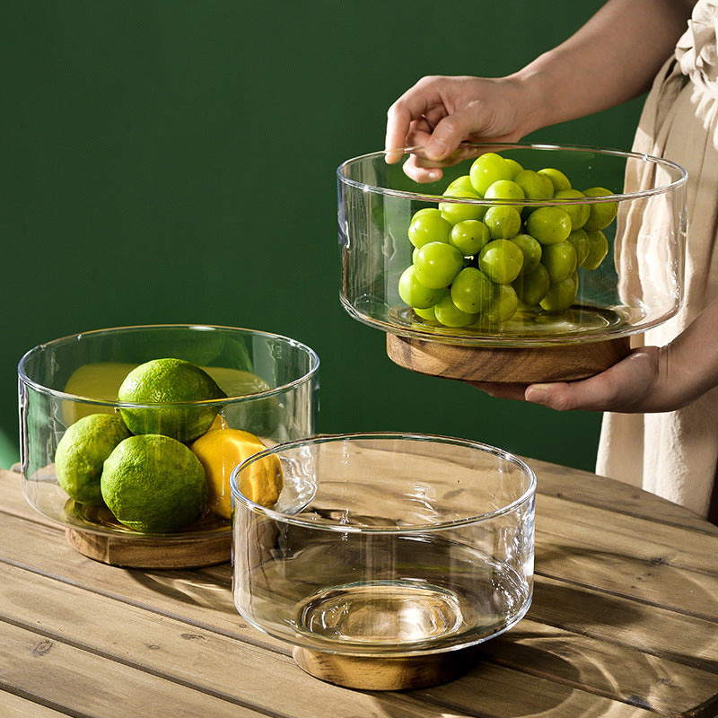 Glass Serving Bowl with Acacia Wood Base