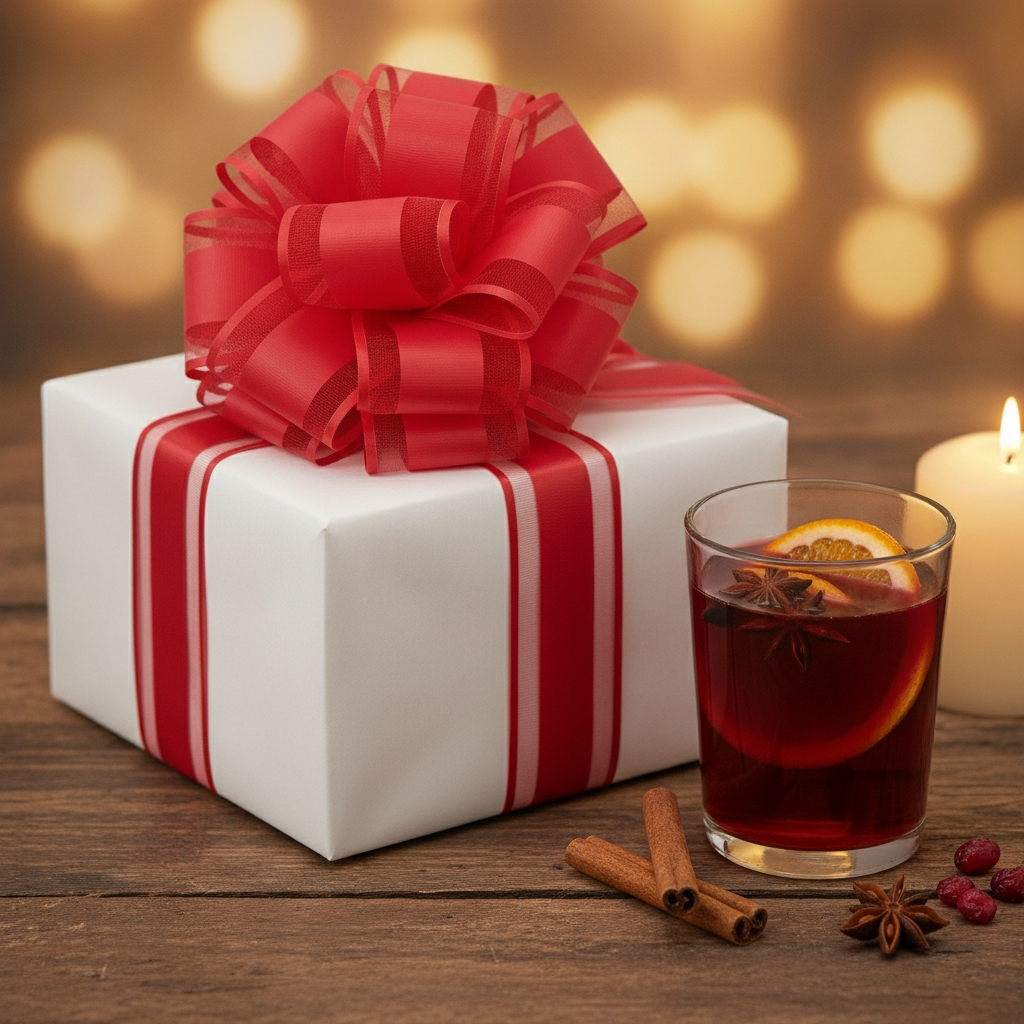 White gift box with a red pull bow on a wood table with mulled wine