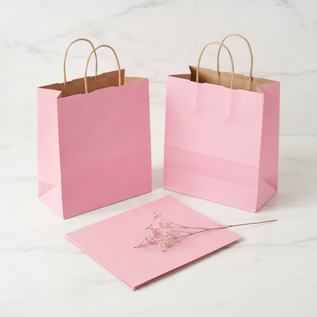 Overhead flat-lay of plain pink kraft gift bags with twisted handles on white marble