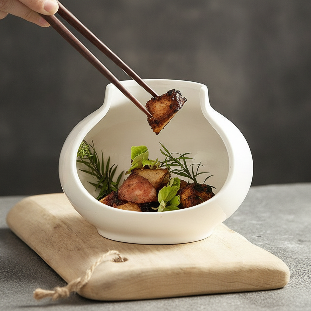 Anfora porcelain vessel holding an artfully plated portion with herbs