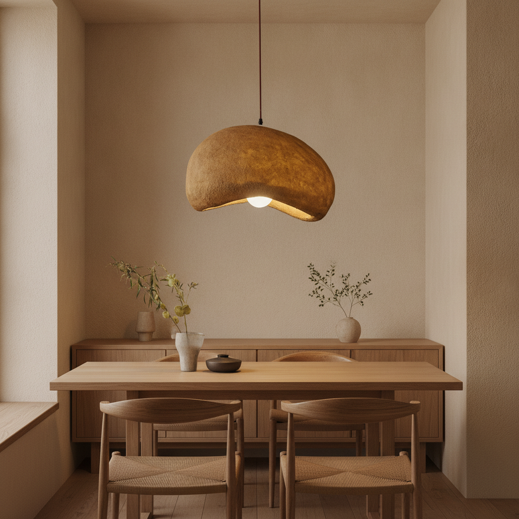 Cloud pendant glowing above a wooden dining nook in a serene Japandi interior