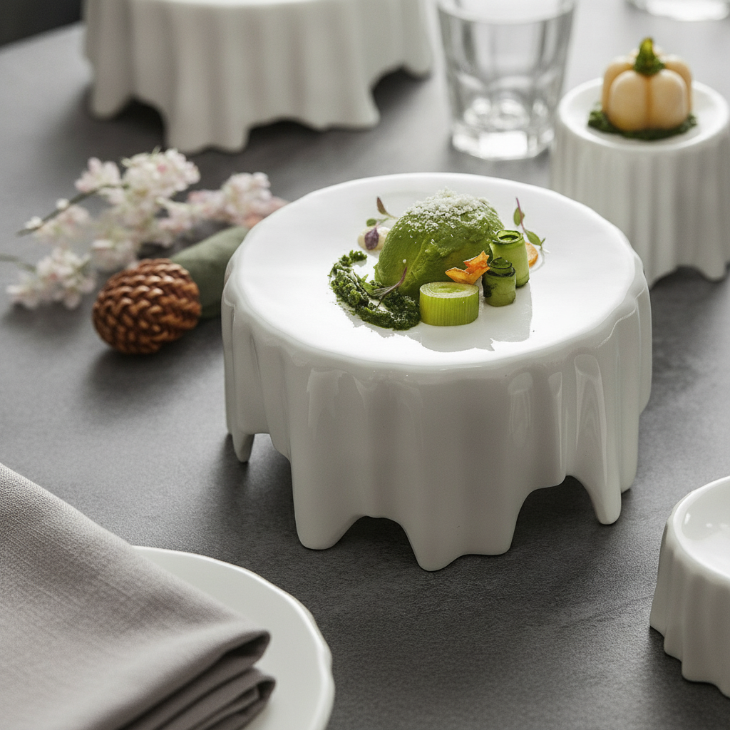 Cascata ceramic riser plated with a fine-dining gourmet course on a slate table