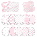 Pink bow coquette paper party plates and napkins set for 20 guests on white background