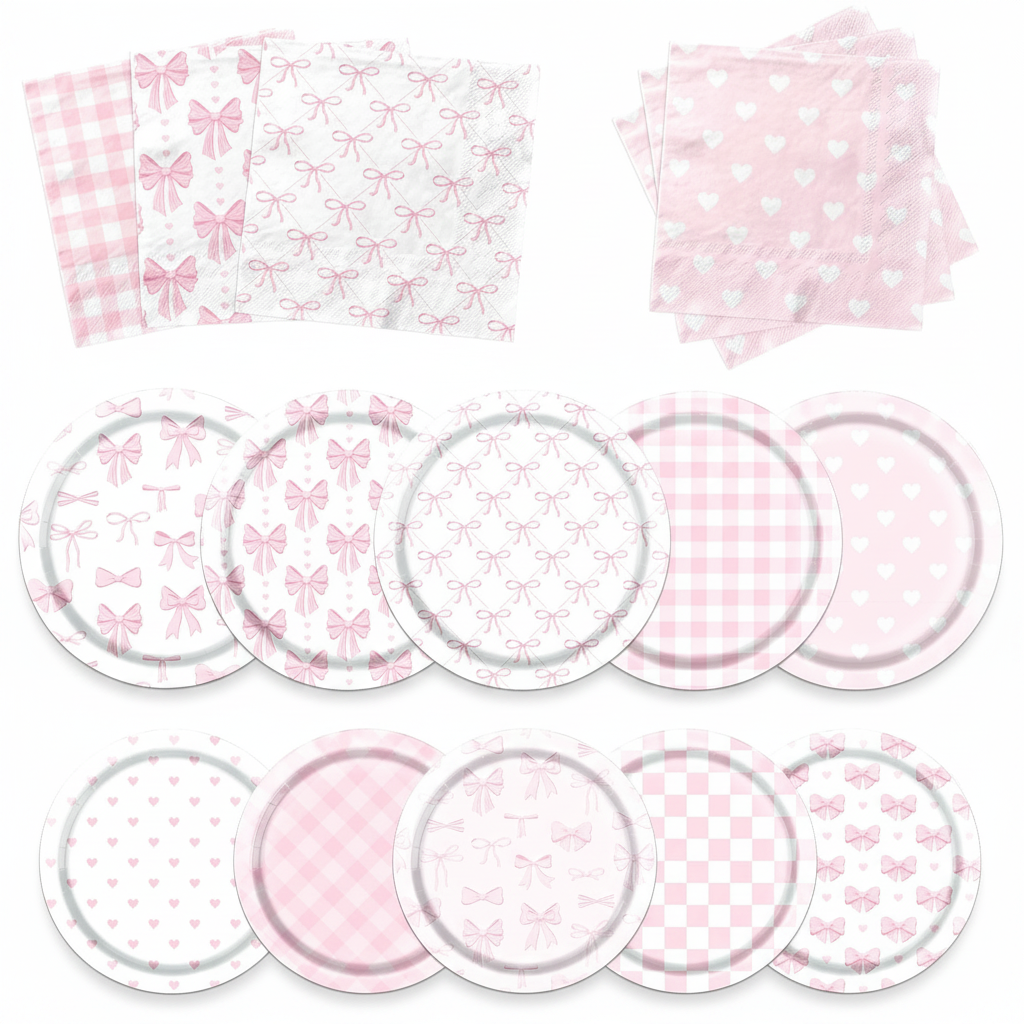 Pink bow coquette paper party plates and napkins set for 20 guests on white background