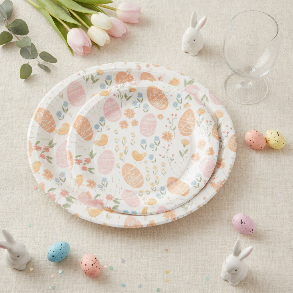 Overhead flat-lay of Easter egg and floral disposable paper plates with spring flowers