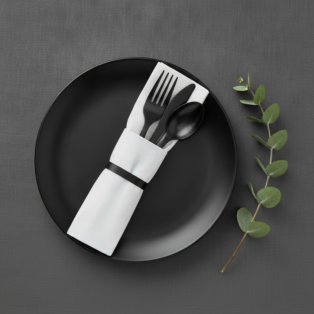 Overhead flat lay place setting with a black and white pre-rolled cutlery bundle