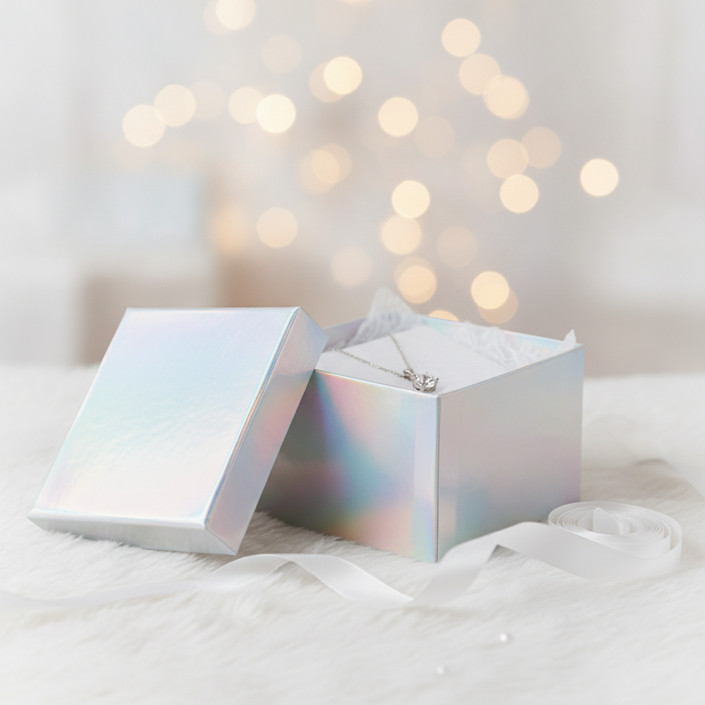 Open holographic silver gift box with jewelry and white tissue paper
