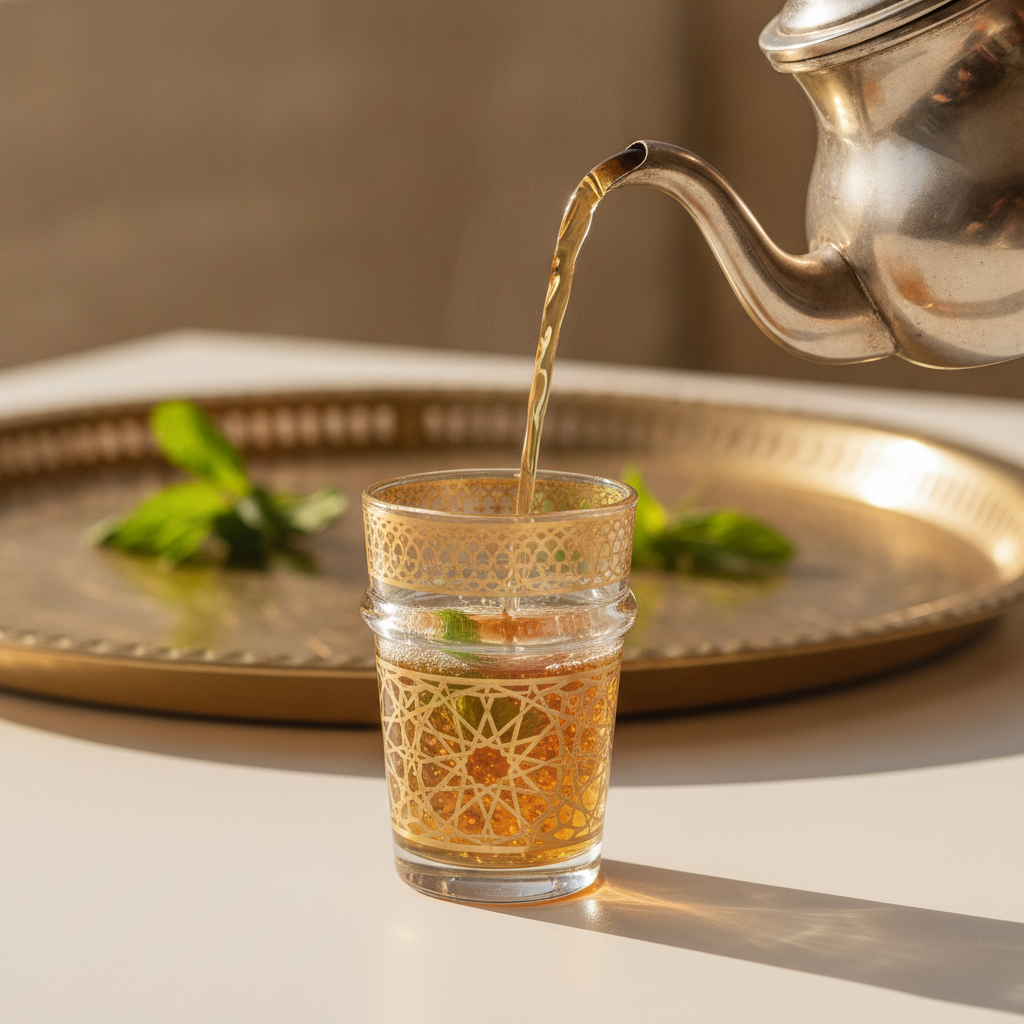 Mint tea poured from a silver pot into the gold-filigree Moroccan tea glass