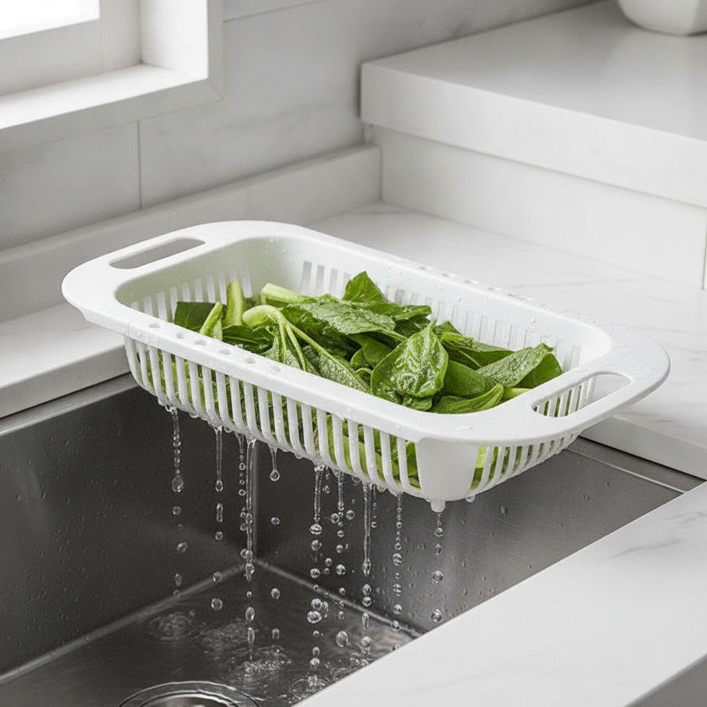 Close-up of the drainage slots and adjustable end handle of the vegetable basket