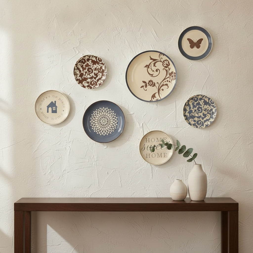 Decorative ceramic plates arranged as a gallery wall above a console table