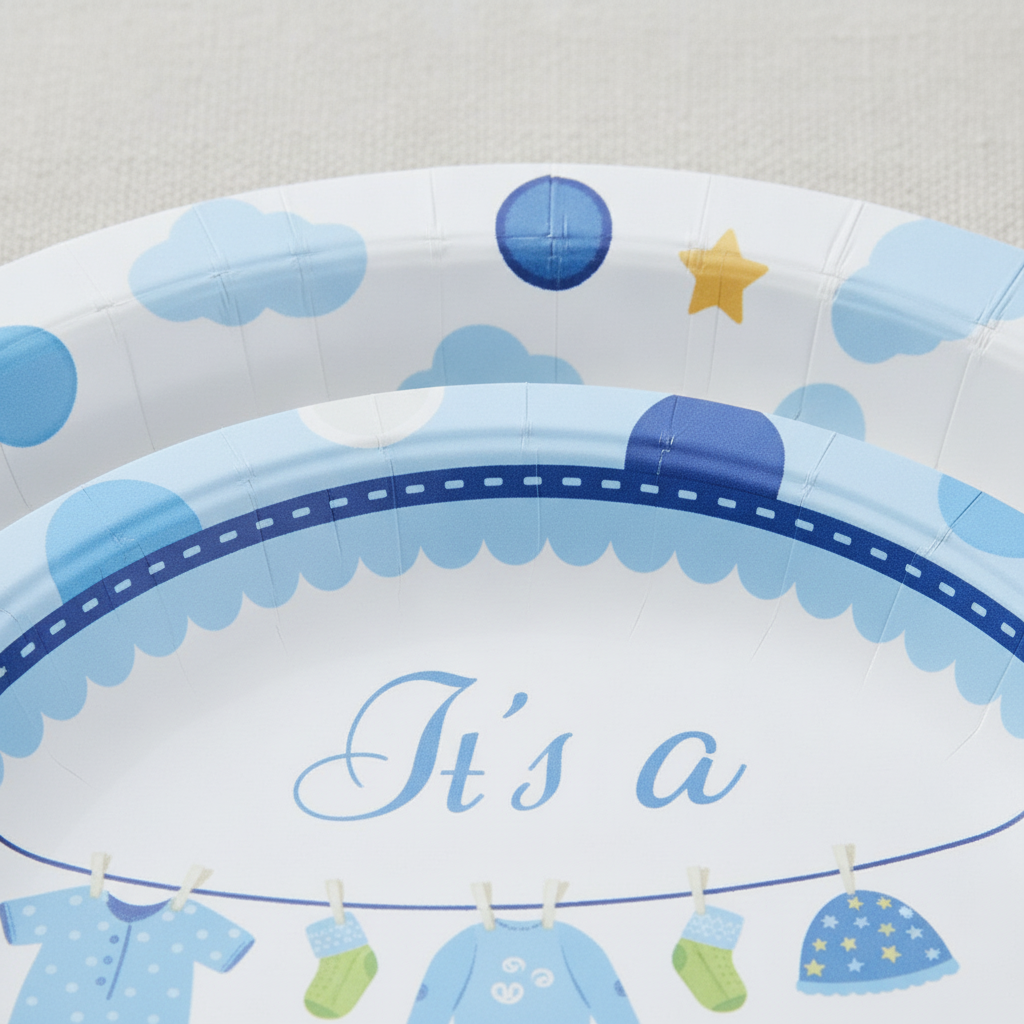 Macro detail of the blue chevron border and baby motif on a baby boy paper plate