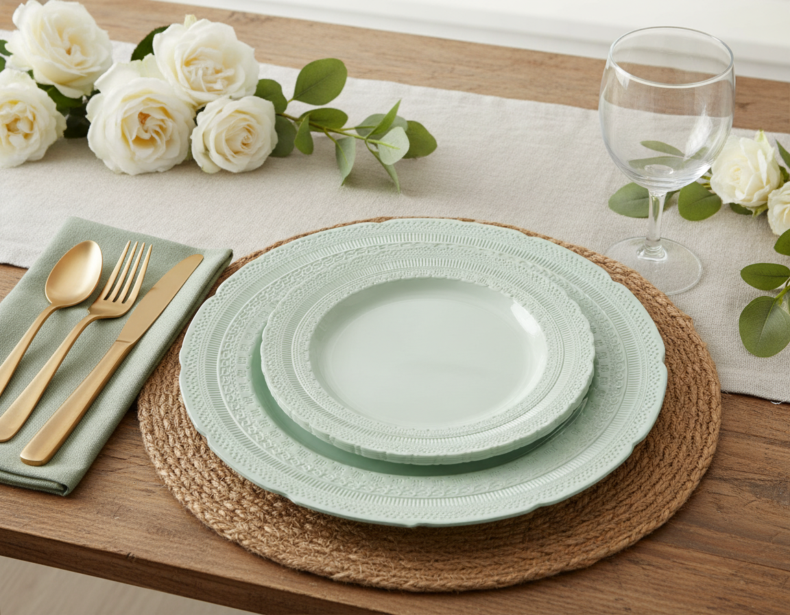 Mint green vintage embossed disposable plastic plates styled fine-dining place setting