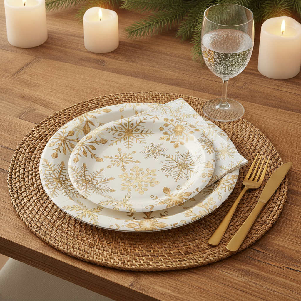 Stack of gold snowflake disposable paper plates and napkins on a festive buffet table