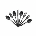 Matte black disposable plastic cutlery set fanned forks knives and spoons on white