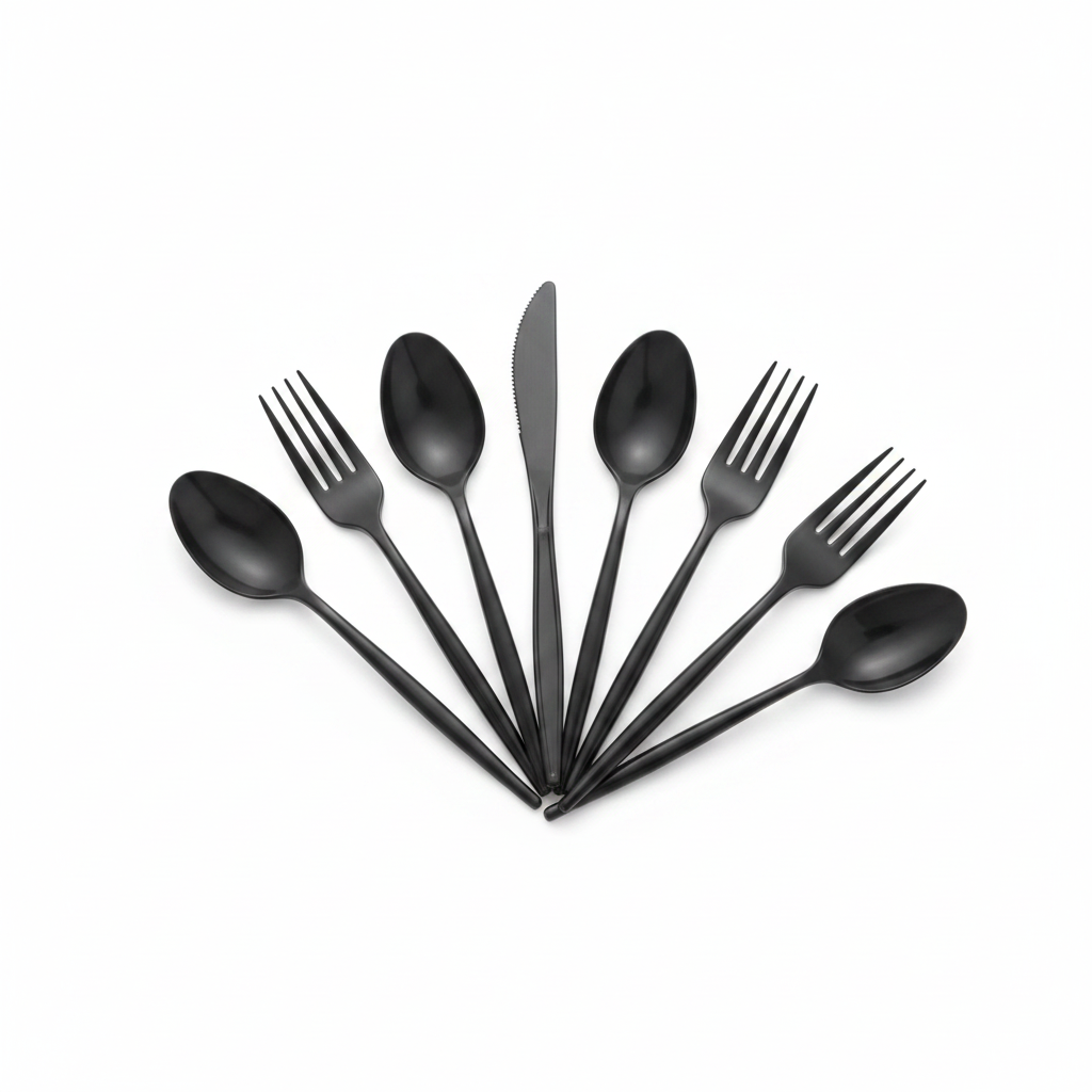 Matte black disposable plastic cutlery set fanned forks knives and spoons on white