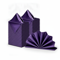 Purple satin dinner napkins, set of 36, folded fan and stack on white