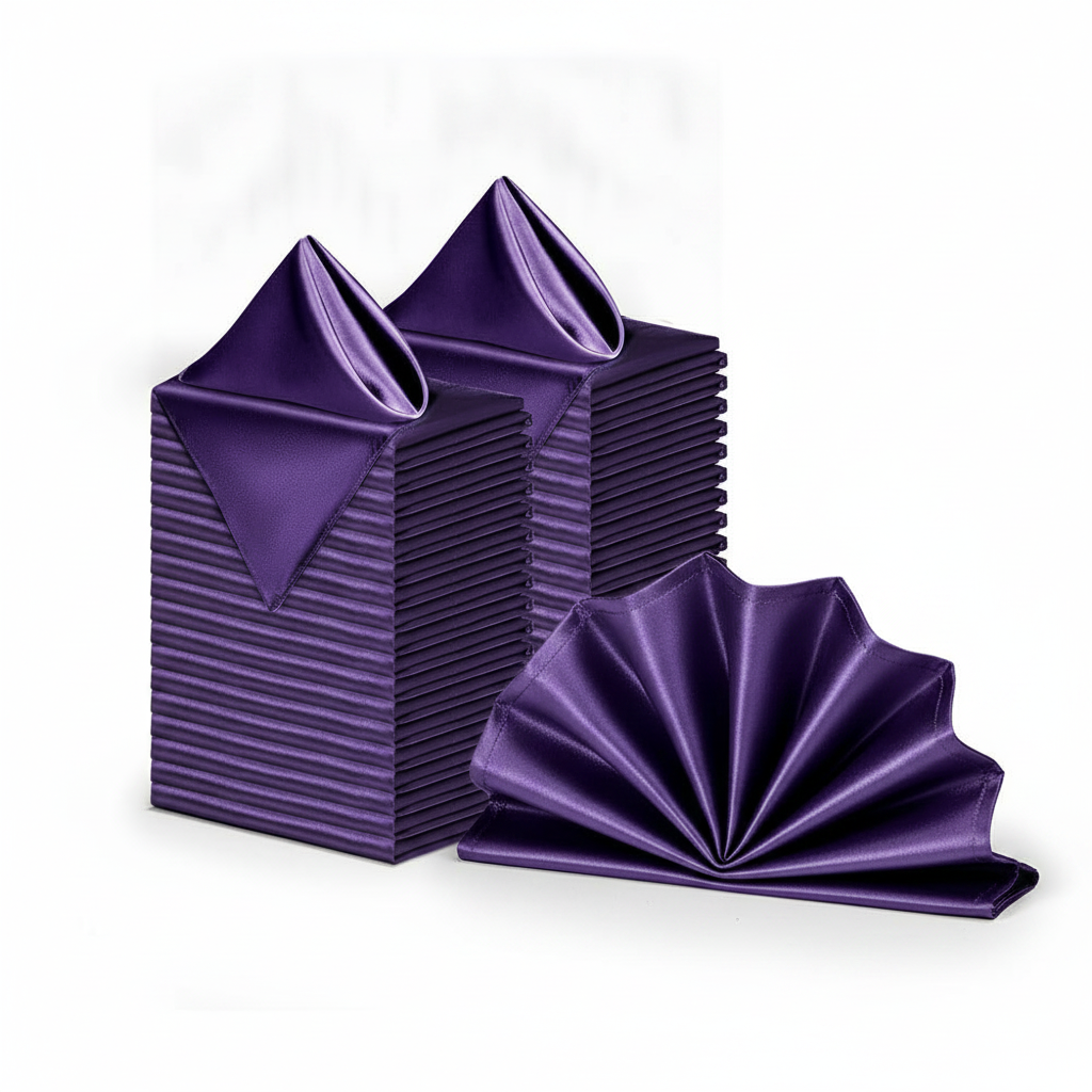 Purple satin dinner napkins, set of 36, folded fan and stack on white