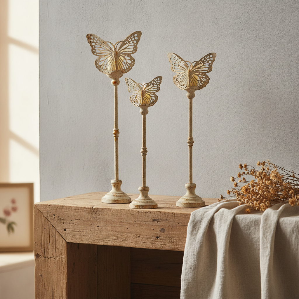 Set of three Farfalla butterfly candlesticks in graduated heights styled on a reclaimed-wood mantel