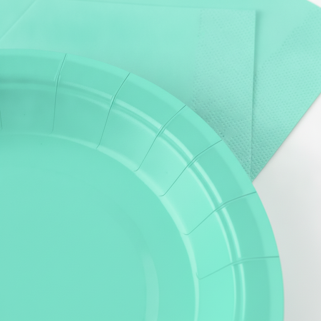 Macro close-up of mint green paper plate rim and soft folded paper cocktail napkin