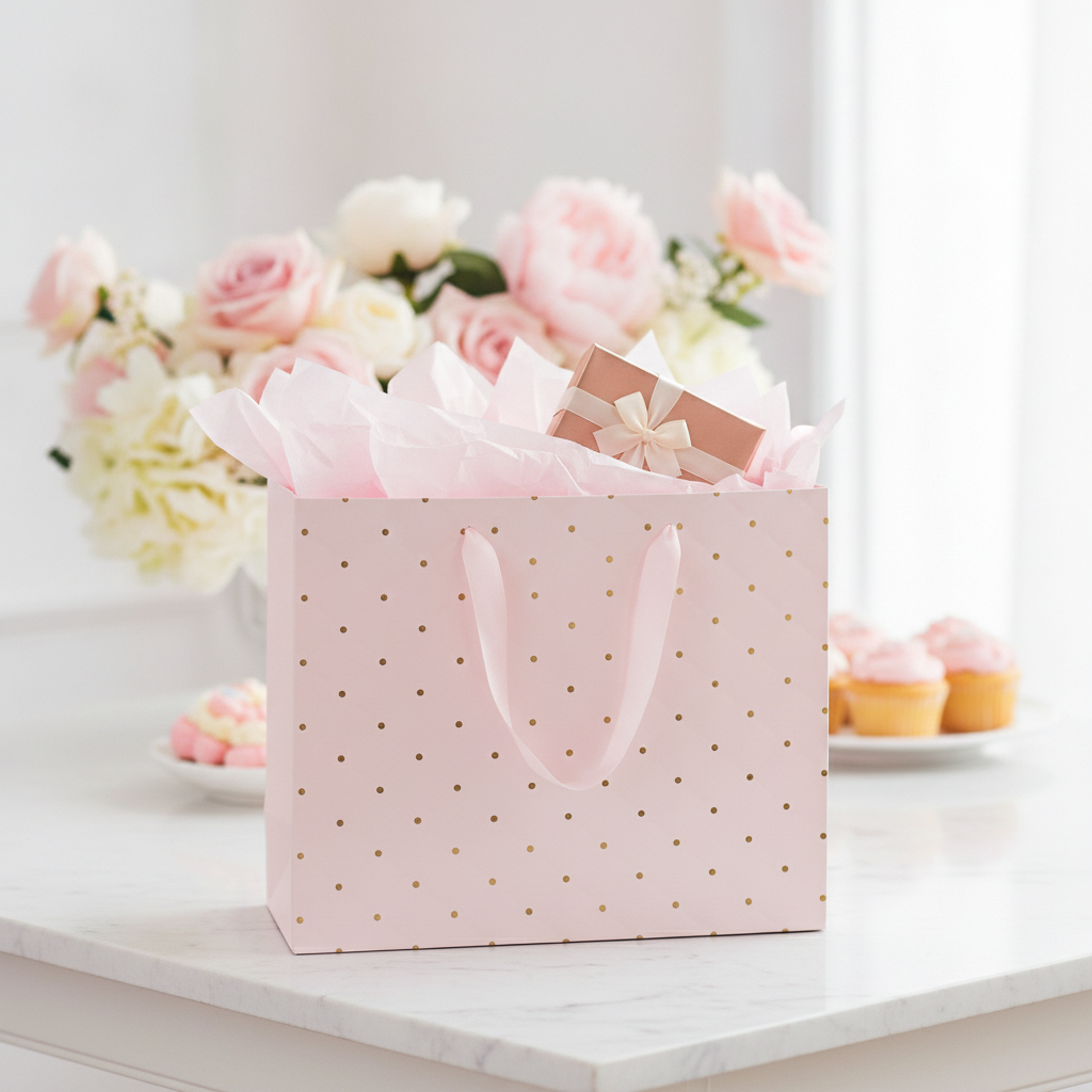 Pink gold-dot gift bag filled with tissue at a bridal shower table
