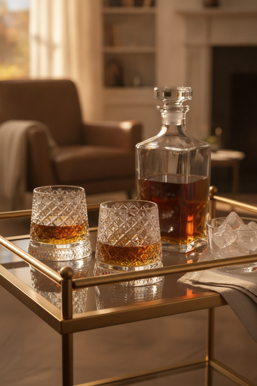 Two crystal whiskey tumblers and a decanter on a brass bar cart