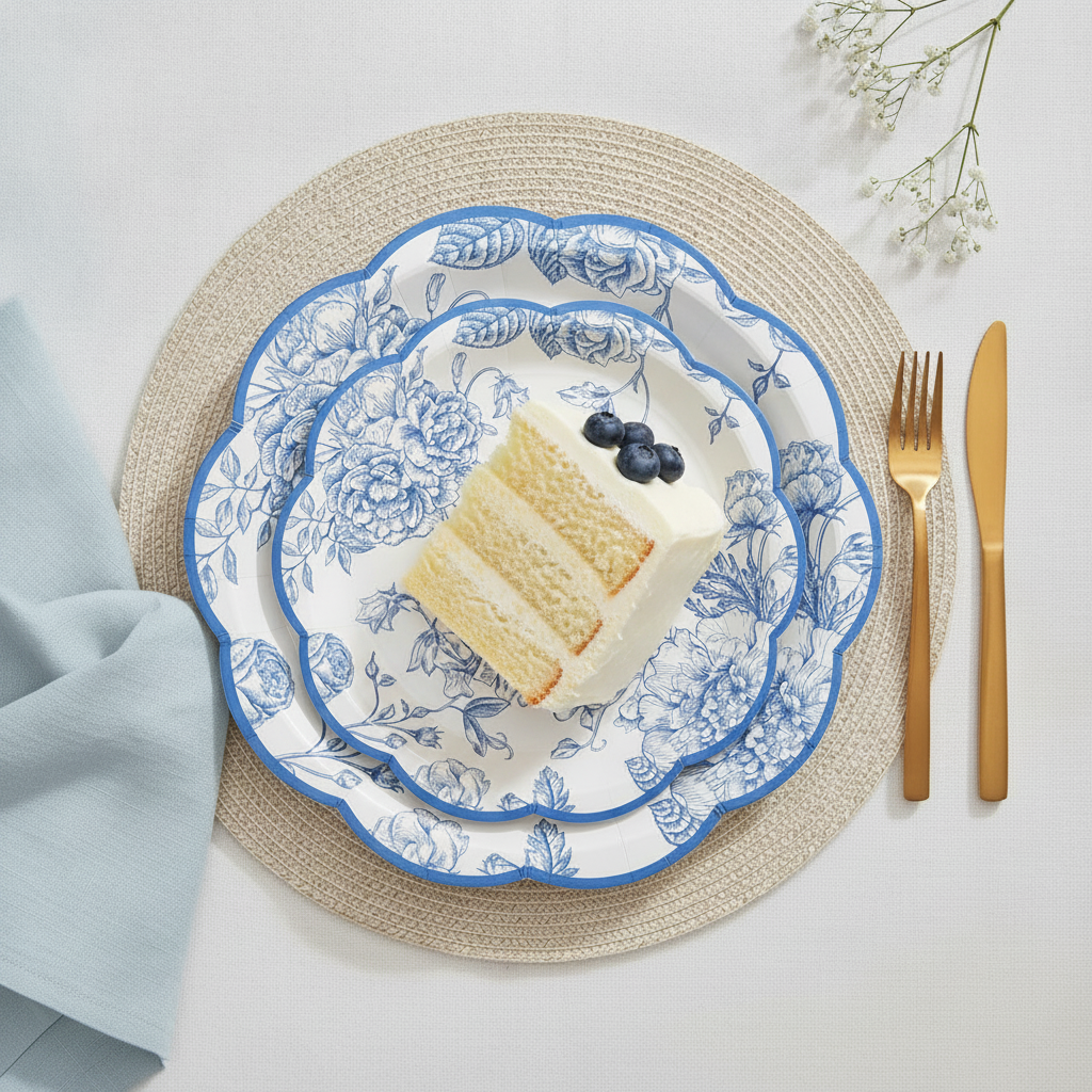 Blue chinoiserie floral paper dessert plate holding a slice of cake at a place setting with gold cutlery